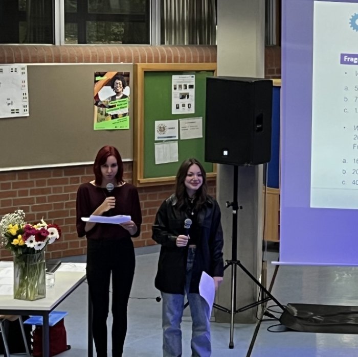 In einem Raum mit mehreren Personen findet eine Präsentation statt. Auf einem großen Bildschirm ist eine Folie mit mathematischen Funktionen und Gleichungen zu sehen, eine Person steht vorne und präsentiert.