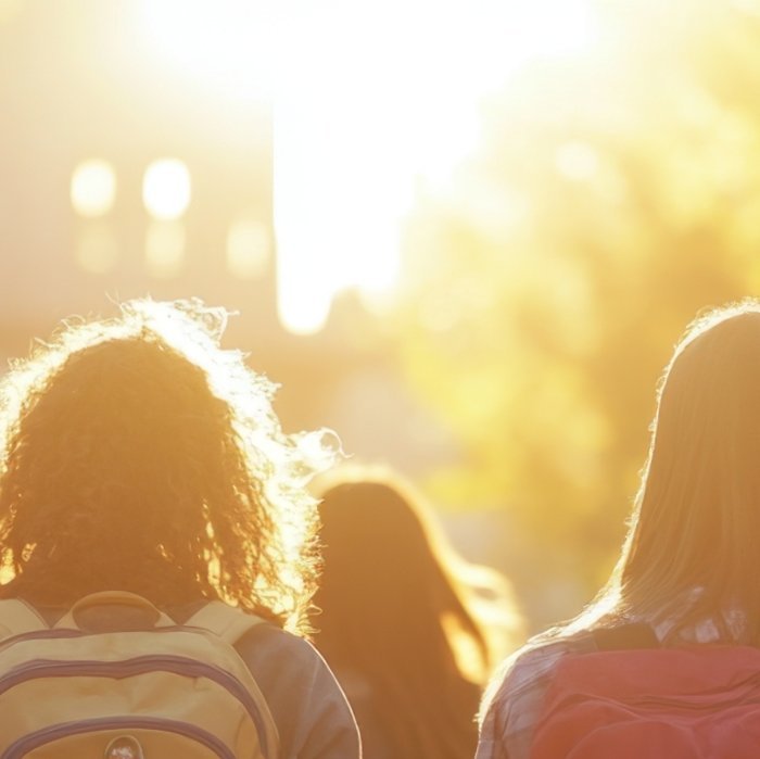 Mehrere Kinder mit Rucksäcken gehen bei Sonnenschein einen Weg entlang, umgeben von Bäumen und Laub. Sie sind von hinten zu sehen und scheinen unterwegs zur Schule zu sein.