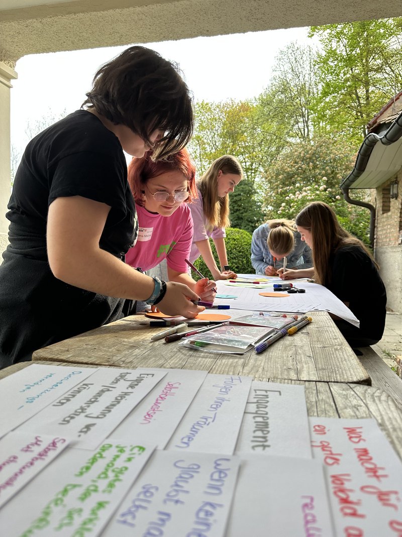 Das Bild zeigt eine Gruppe von Menschen im Freien, die gemeinsam an einem Holztisch arbeiten. Auf dem Tisch liegen große Papierbögen mit handgeschriebenen Notizen und bunten Stiften – ein kreativer Workshop in entspannter Atmosphäre.