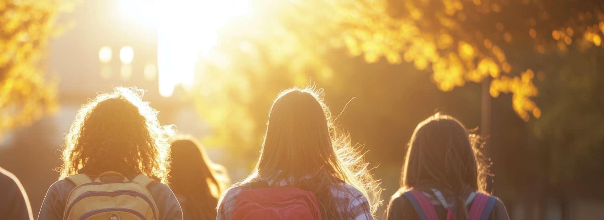 Mehrere Kinder mit Rucksäcken gehen bei Sonnenschein einen Weg entlang, umgeben von Bäumen und Laub. Sie sind von hinten zu sehen und scheinen unterwegs zur Schule zu sein.